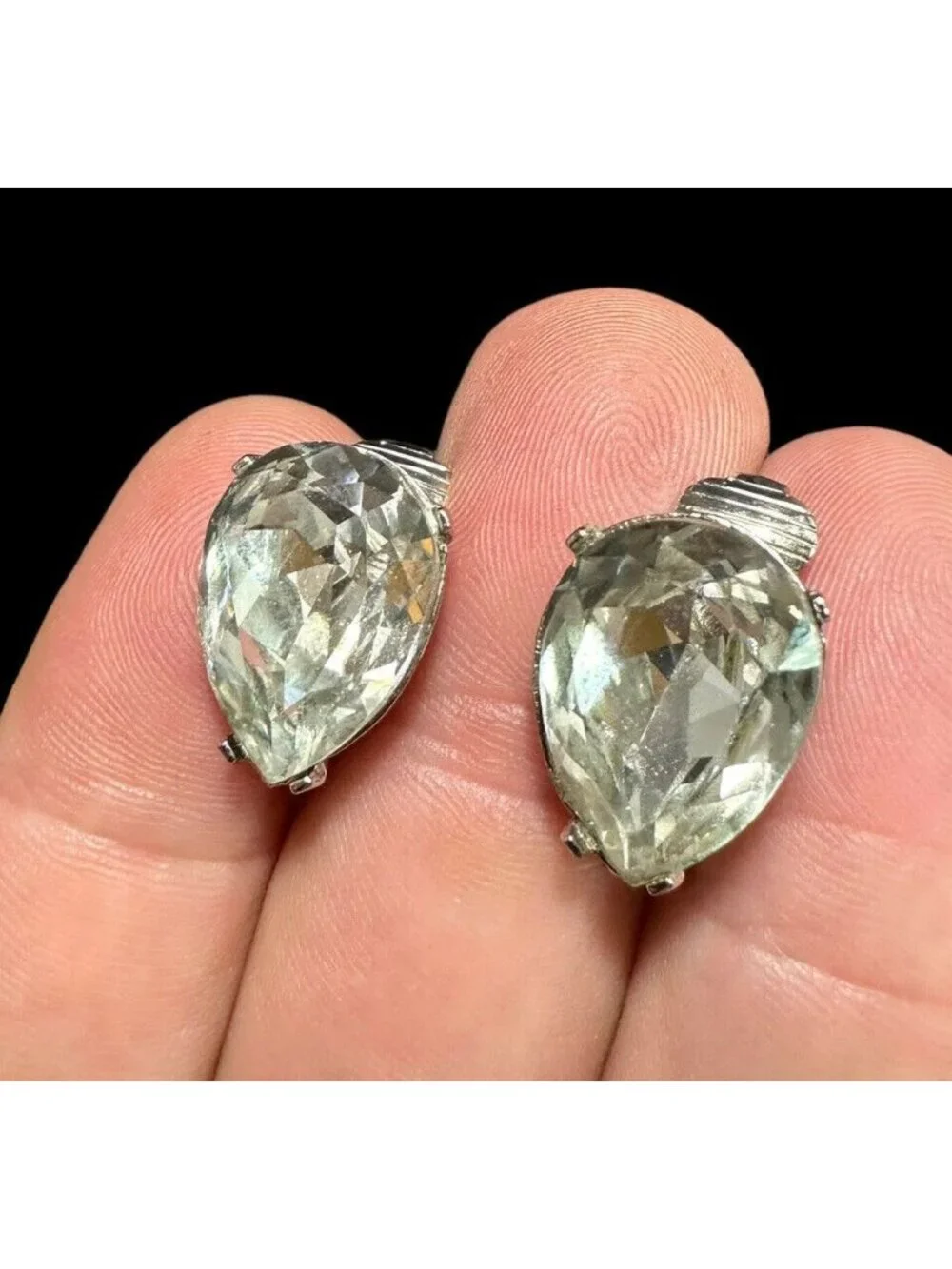 Kenneth Jay Lane Crystal Earrings Teardrop Silver Tone Clip On Vintage - Picture 2 of 6